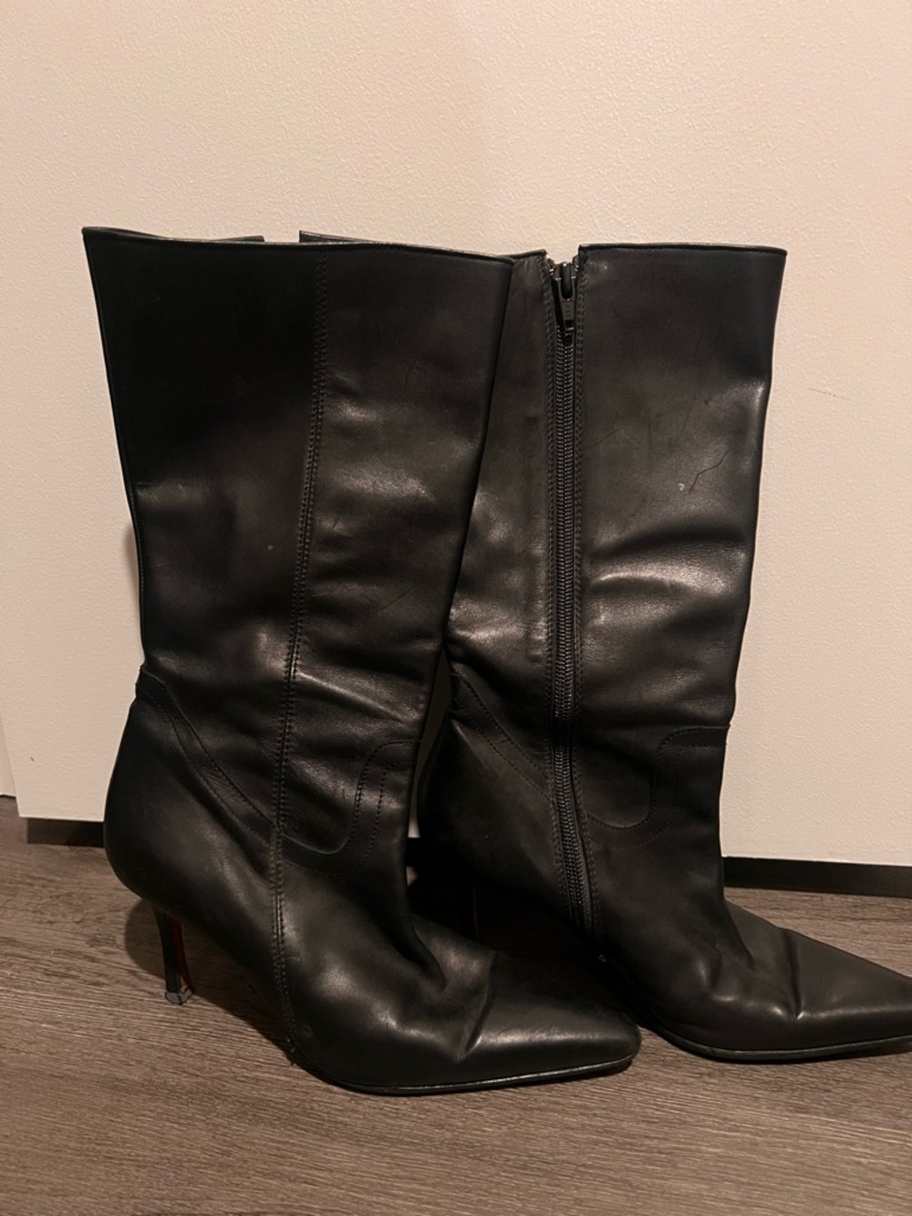 Manolo Blahnik Black Leather Mid-Calf Pointed-Heel Boots
